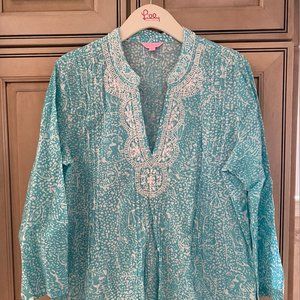Lilly Pulitzer Turquoise and White Printed Cocktail Tunic XL